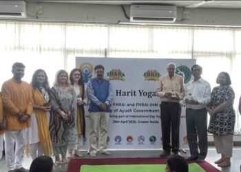 FHRAI Harit Yoga, International Day of Yoga 2025, FHRAI-IHM Yoga Event, Hospitality Industry Yoga, Wellness and Nature Event, Ministry of Ayush Yoga, Mokshayatan Yog Sansthan, Yoga for Peace and Wellness, Environmental Consciousness Yoga, Green Practices Yoga, Sustainable Living Yoga, Yoga and Tree Planting, Greater Noida Yoga Event, Yoga for Hospitality Professionals, Harit Yoga Theme, Yoga and Mindfulness, Yoga Breathing Exercises, Guided Meditation Event, Yoga and Ecological Health, Jaison Chacko FHRAI,