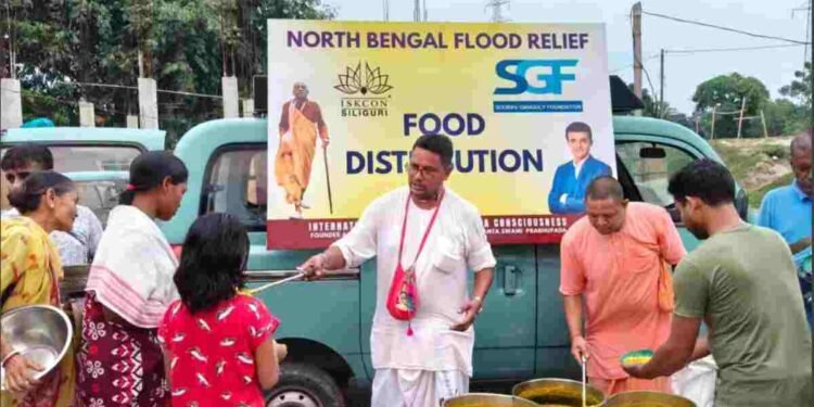 ISKCON, Sourav Ganguly Foundation, North Bengal Flood Relief, Siliguri, Food for Life, Humanitarian Aid, Flood Assistance, Bengal Floods 2025