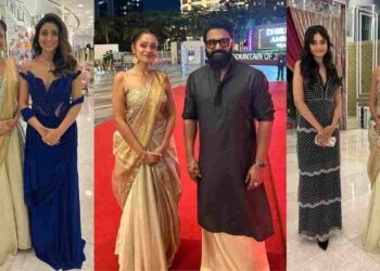 Sheena Chohan, INCA Awards 2026, Rishab Shetty, Shriya Saran, gold saree look, Indian cinema event, red carpet fashion, pan India actors