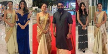 Sheena Chohan, INCA Awards 2026, Rishab Shetty, Shriya Saran, gold saree look, Indian cinema event, red carpet fashion, pan India actors
