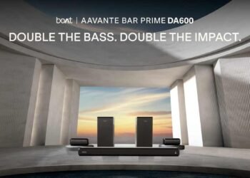 New boAt Aavante Bar Prime DA600 soundbar set up in a living room with dual subwoofers and rear satellite speakers.
