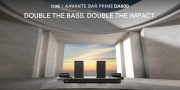 New boAt Aavante Bar Prime DA600 soundbar set up in a living room with dual subwoofers and rear satellite speakers.