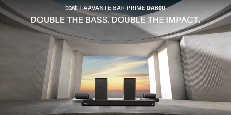 New boAt Aavante Bar Prime DA600 soundbar set up in a living room with dual subwoofers and rear satellite speakers.
