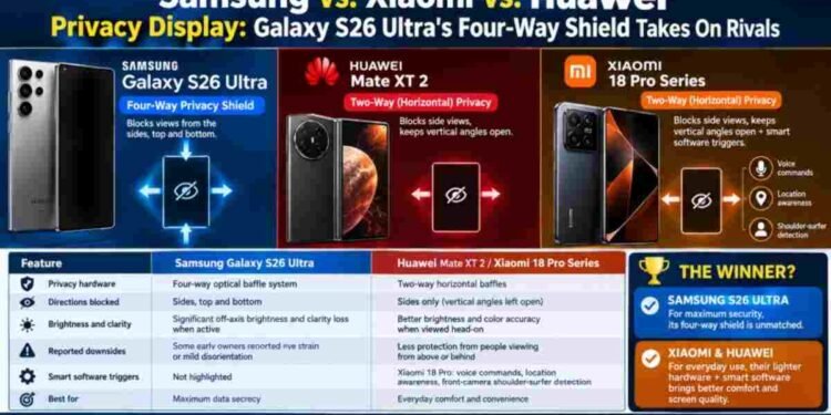 Samsung Galaxy S26 Ultra, Xiaomi 18 Pro and Huawei Mate XT 2 side by side comparing built-in privacy display screens